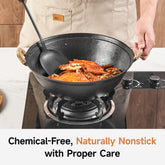 WANGYUANJI 11.8 Inch Handmade Cast Iron Wok with Dual Handles, Small Round-Bottom Chinese Wok for 1–2 Servings, Uncoated Stir Fry Pan for Gas Stoves & Open Flame Cooking